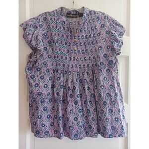 Liza Byrd purple floral cotton pullover blouse XL pintucks floaty hippie boho